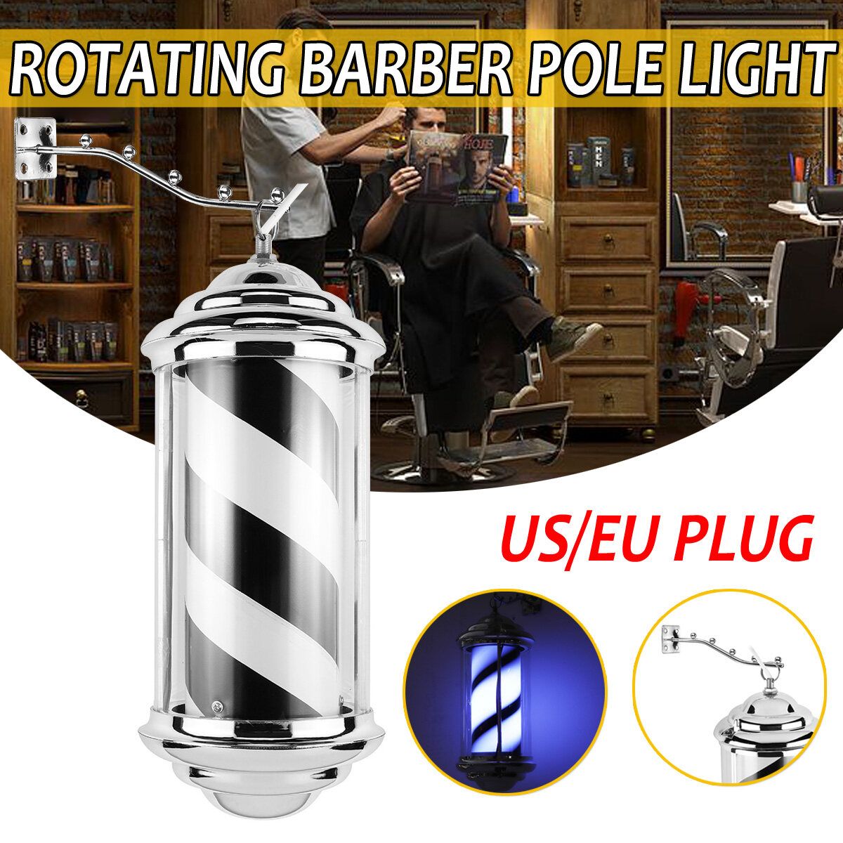 Barber Shop Pole Black White Rotating LED Bar Light Stripes Sign Hair Salon Logo US Plug
