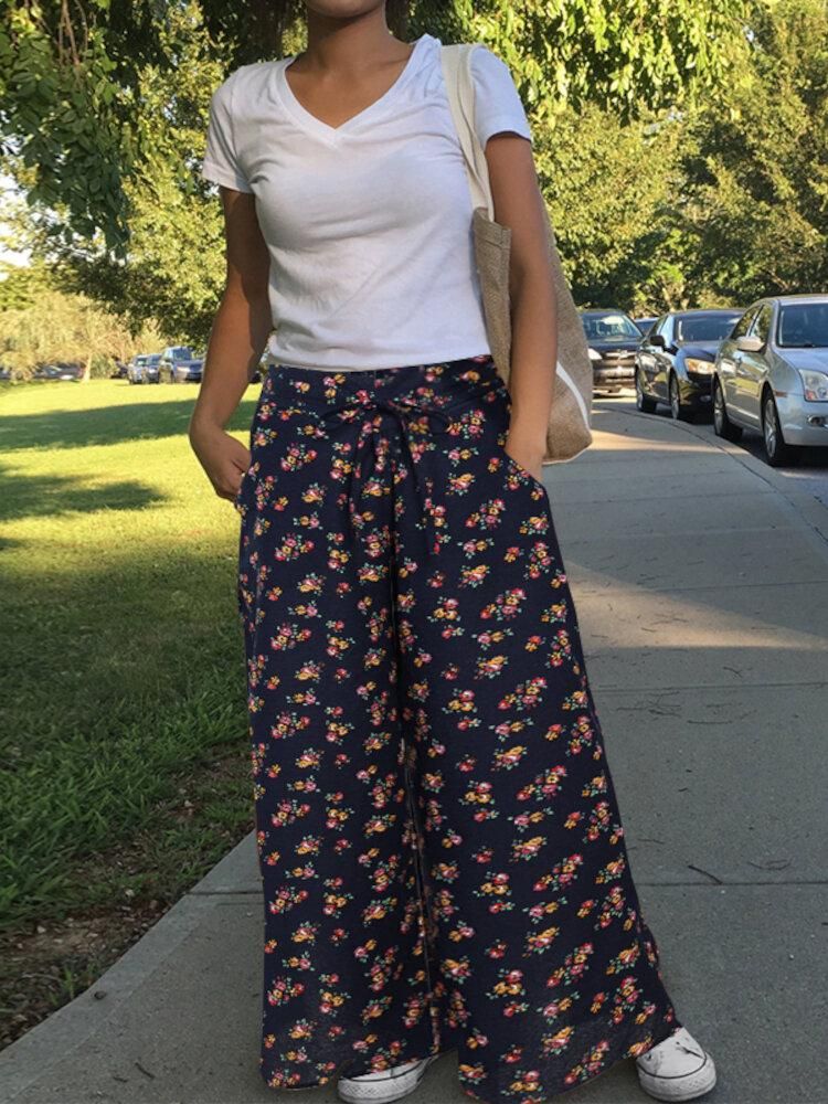Women Floral Print High Elastic Waist Vintage Wide Leg Pants With Pocket