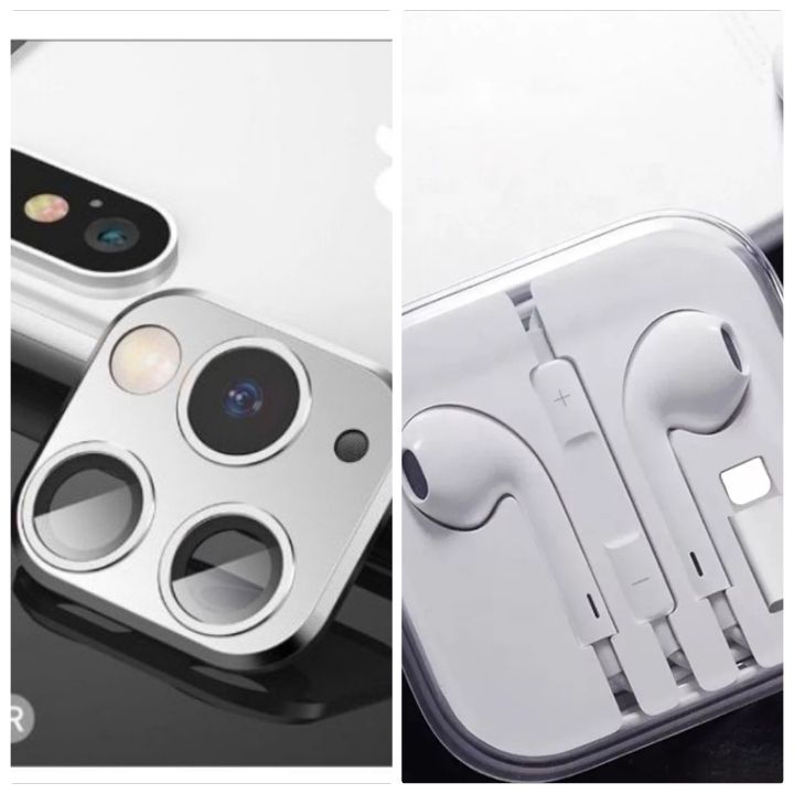 For IPhone X XS XSmax Seconds Change 11 PRO MAX Newest Metal Aluminum Camera Lens Case Sticker Full Camera Protective Cover(#SILVER] + Earphone