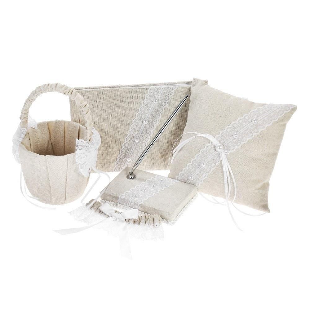 5pcs/set Vintage Burlap Lace Wedding Supplies Satin Flower Girl Basket + Ring Bearer Pillow + Guest Book + Pen Holder + Bride Garter Set