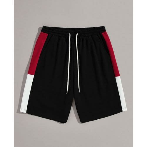 Black Unisex Shorts With White And Red Stripes