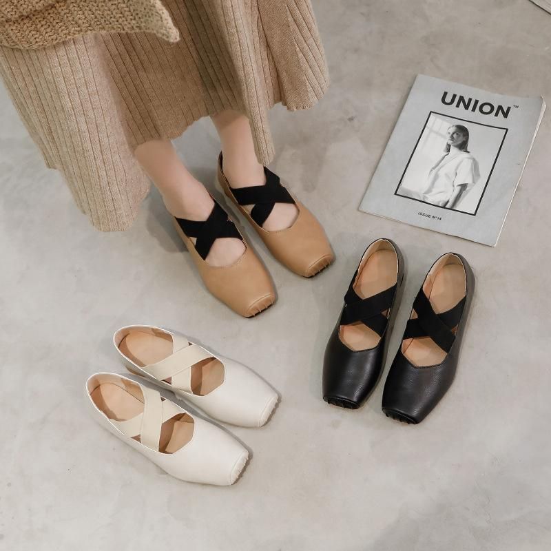 Mary Jane Women's Shoes Ballet Shoes Outwear 2022 New Cross Striped Square Head Pleated Style Single
