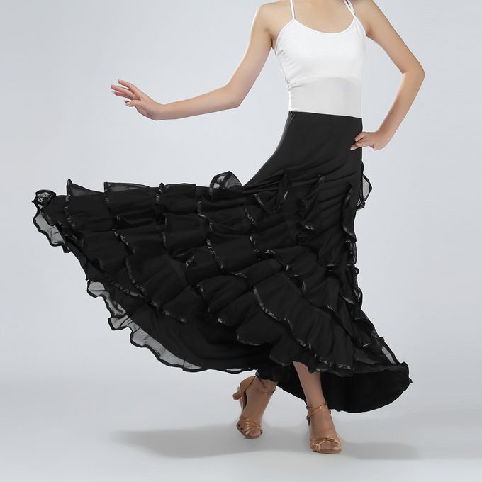 Ballroom Flamenco Dress Latin Cha Cha Big Swing Long Skirt For Black