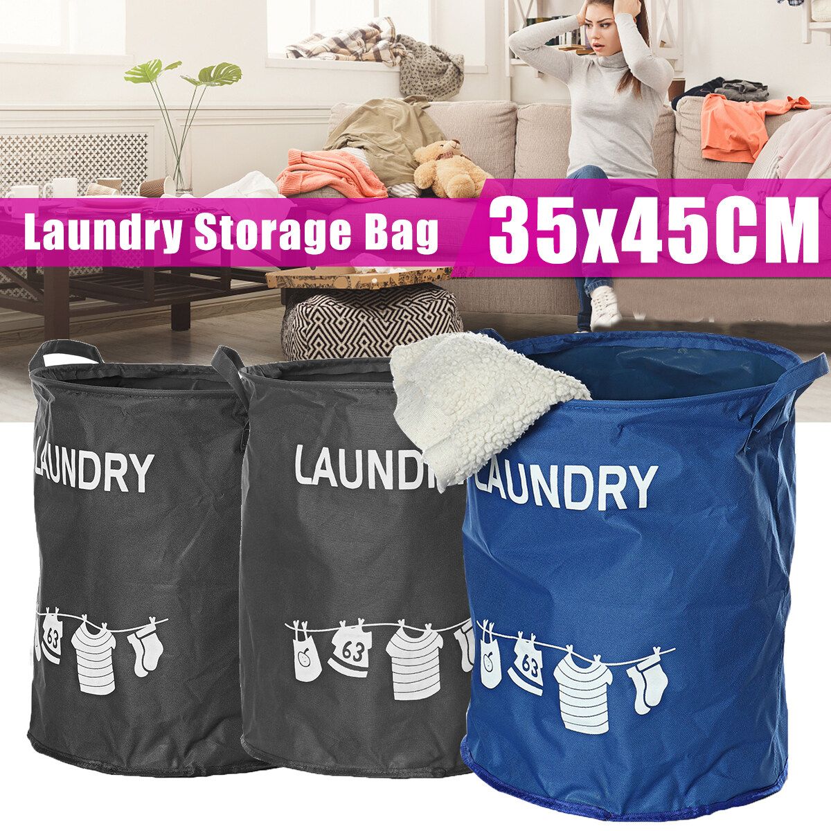 Large Oxford Cloth Foldable Dirty Clothes Basket Blue