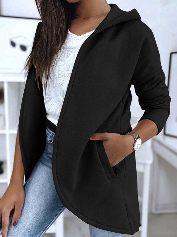 Women Loose Pocket Solid Color Long Sleeve Casual Hooded Sweatshirt