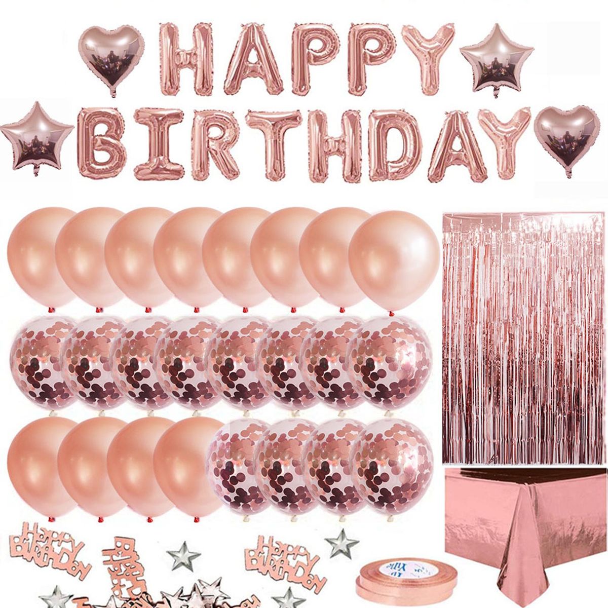 Rose Gold Birthday Party Decorations Set Girls Women Baby Birthday Party Supplies Happy Birthday Balloons Ribbons Curtains Tablecloth for Baby Birthday Party Decorations