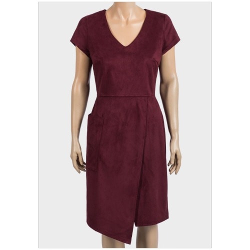 Ladies Asymmetric Suedette Dress - Burgundy