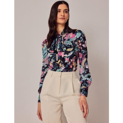 Black & Pink Floral Tapestry Pussy Bow Blouse