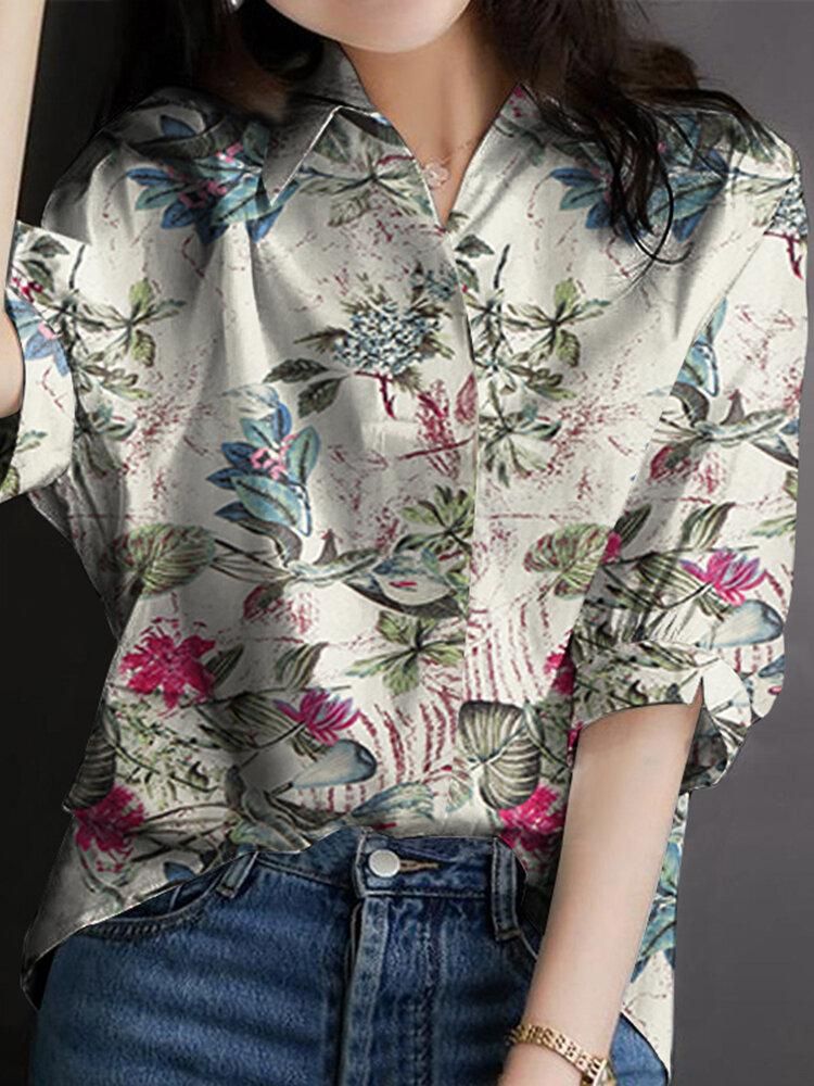 Leaves Flower Print Half Sleeve Lapel Blouse For Women