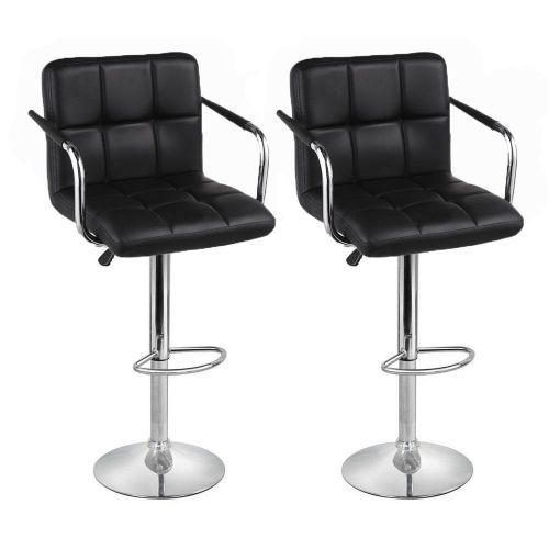 Set Of 2 Breakfast Faux Leather Bar Stools Swivel Kitchen Stools Pub Chair W/Armrest Black