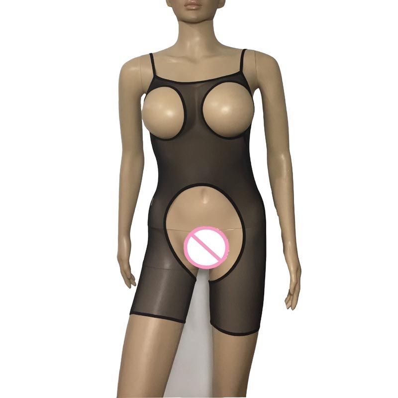 Hot Y Women Cupless Crotchless Sheer Stretchy Jumpsuit Spaghetti Strap Open See Through Bodysuit Lingerie Black BA