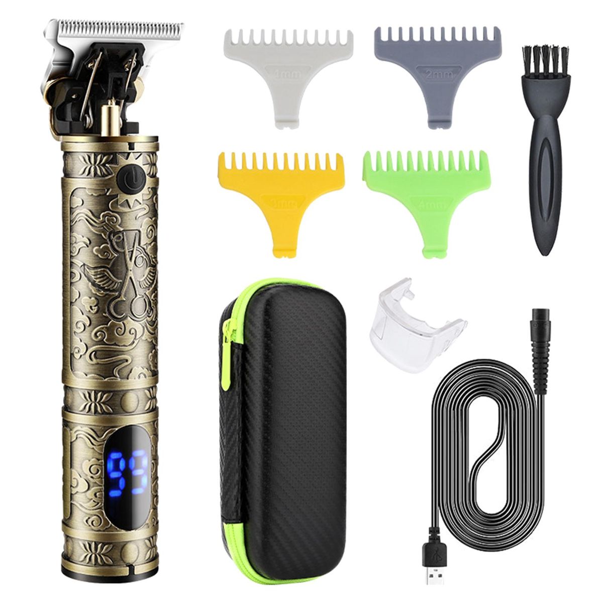 Men Hair C-lippers Cordless Barber Hair Cutting Machine Kit Beard Trimmer Haircut Grooming Set T-Blade Trimmer USB Operated/ LEDs Digital Display/ Built-in 1500mAh High Capacity Rechargeable Cell/ 1mm/ 2mm/ 3mm/ 4mm Frame Limit Comb/ Cleaning Brush * 1/ P