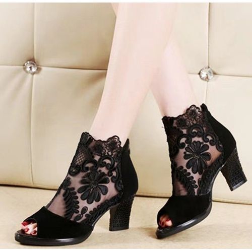 Mesh Coarse Heels Lace Fish Mouth Sandals