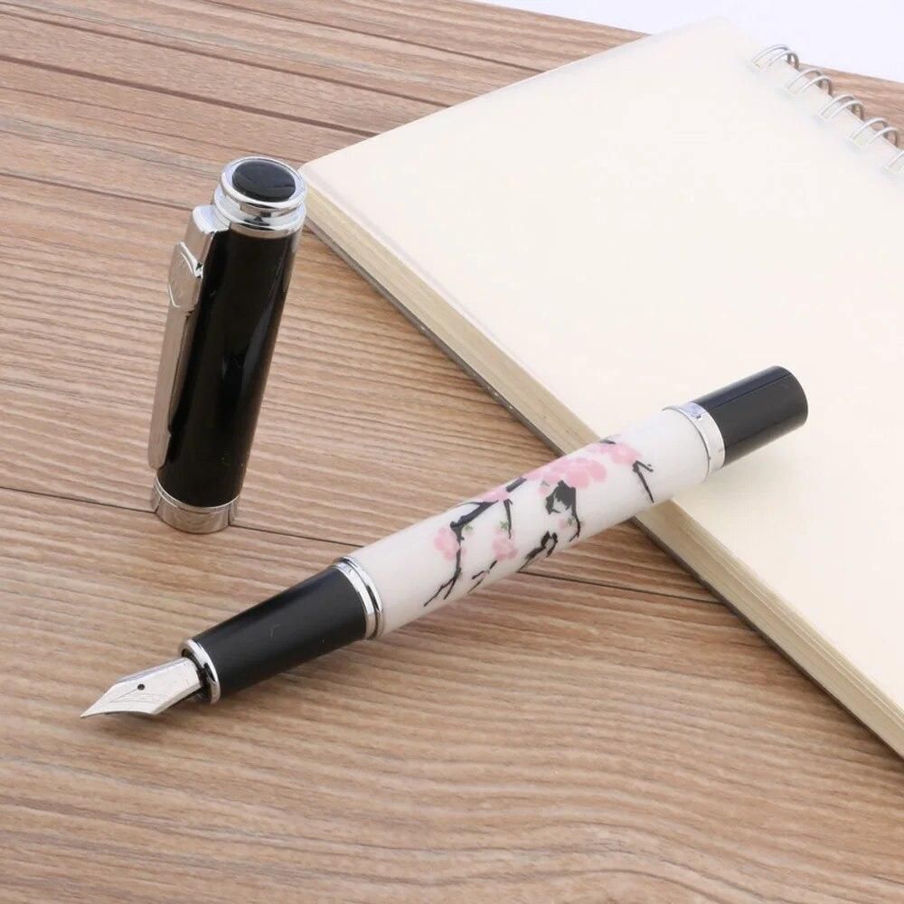 Elegante Jinhao 8802 Fountain Pen Birds and Wintersweet Painting Medium Nib Ink Pens For Stationery Office School Supplies