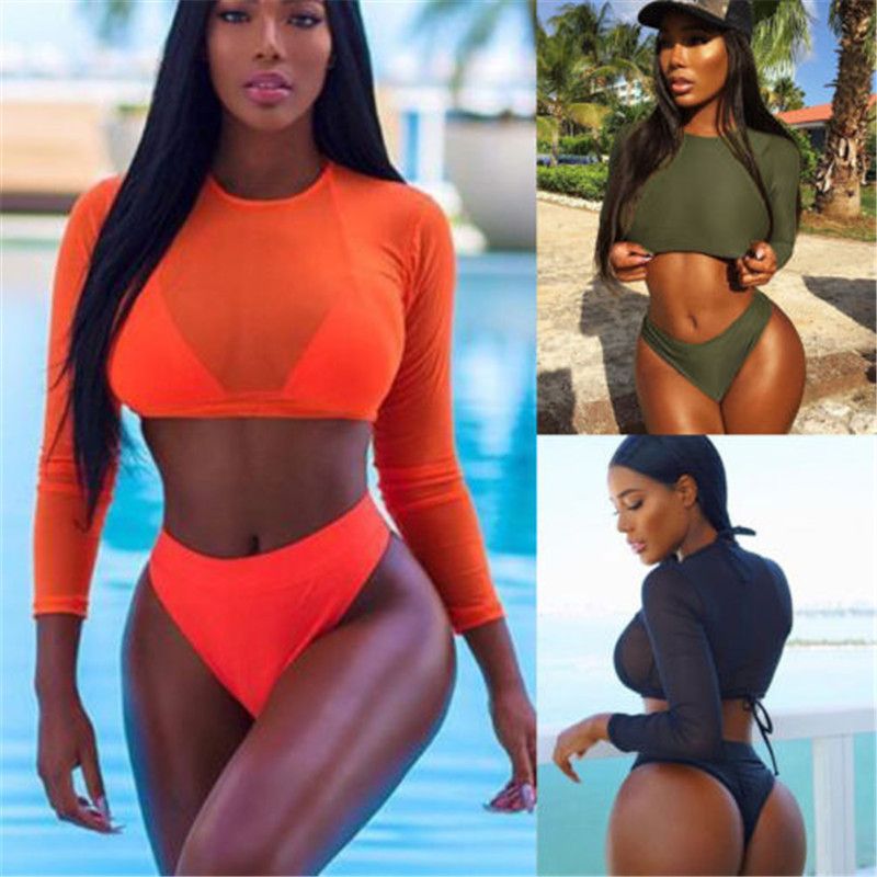 Summer Women Triangle Three-Piece Suit Bikini Set Bandage Push-Up Swimsuit Bathing Beachwear  Green KIP