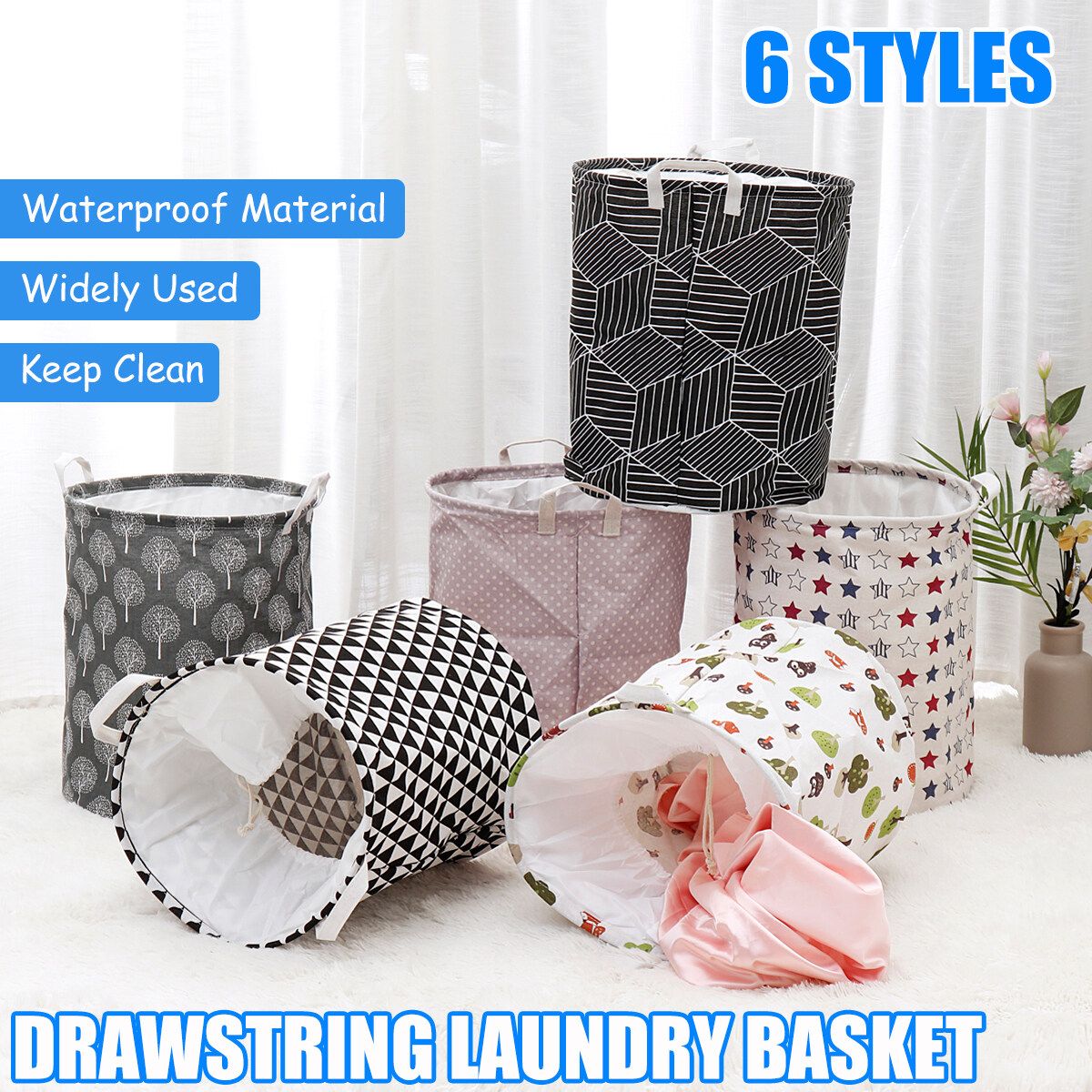 6 Styles 45CMX35CM Foldable Thickened Large Laundry Basket Drawstring Round Clothes Toys Anti-dust Big Storage Barrel Organize Kids Toys Dog Toys Storage Barrel Black Style E