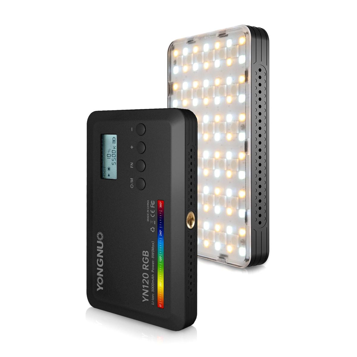 YONGNUO YN120 8W RGB Photography Lamp Bi-color LED Light Pocket Vlog Light 2500K-9900K Color Temperature Dimmable with 0.96in LCD Screen 120 LED Beads 31 FX Lighting Effects 1/4in Standar Threaded Holes 3000mAh Battery Built in for Live Streaming Home Stu