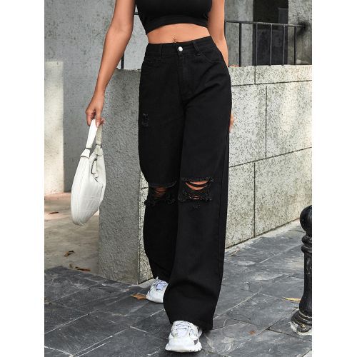 (Black)High Waist Straight Women's Ripped Jeans Women White Denim Trousers Korean Clothing Fashion Streetwear Baggy Pants 2022 Summer ACU