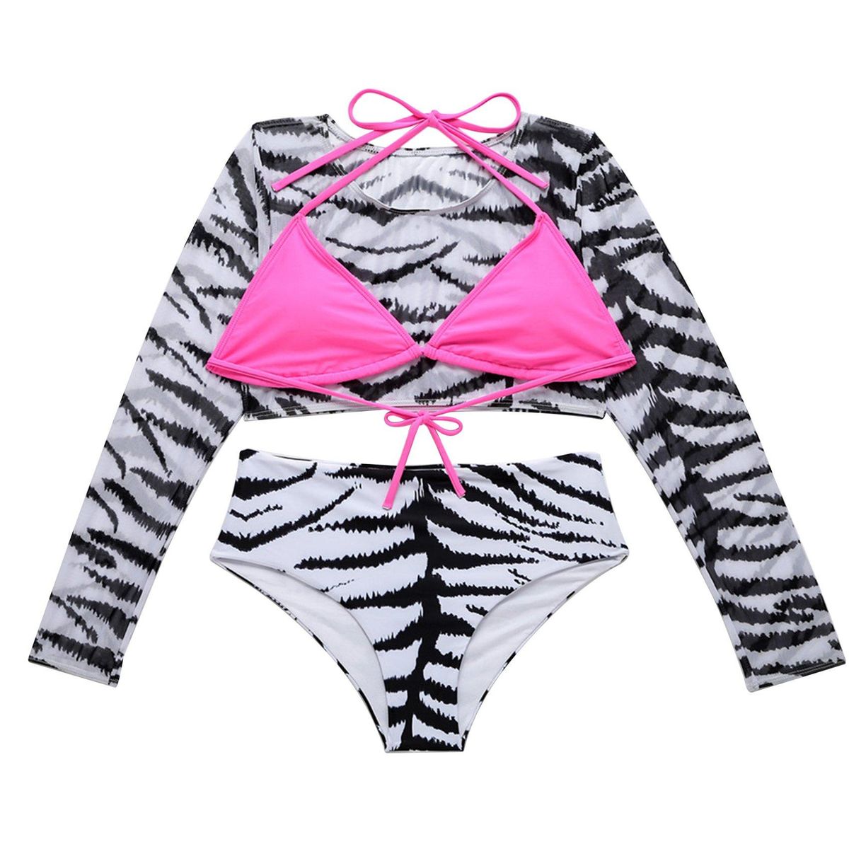 High Waist Three-Piece Swimsuit Long Sleeve Swimwear Zebra