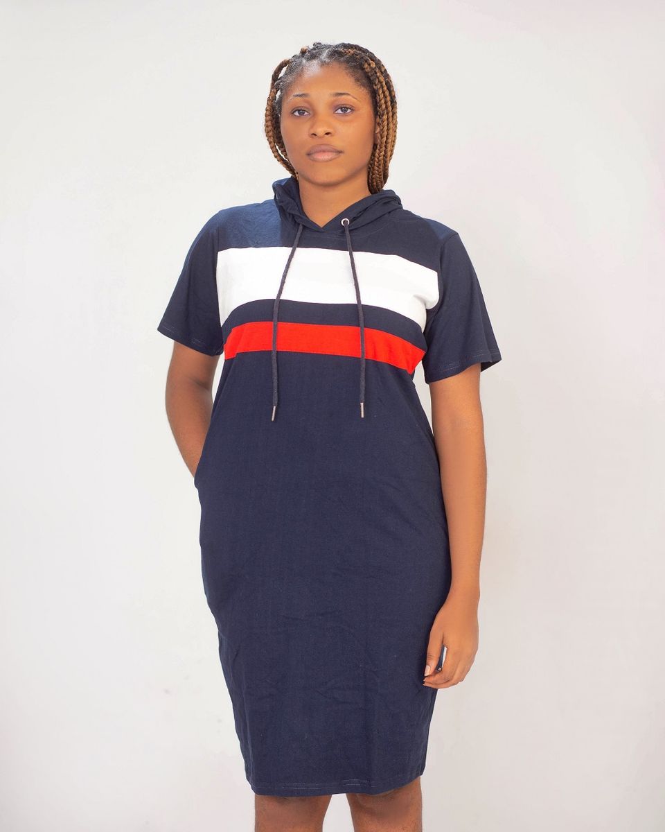 White & Red Navy Blue Contrast Hooded Short Gown