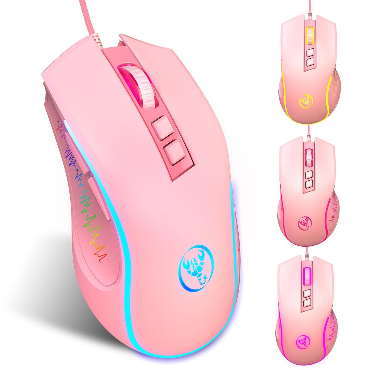HXSJ X100 Wired Gaming Mouse Ergonomic Gaming Office Mouse 7-color Breathing Light Effect 4-gear Adjustable DPI Pink