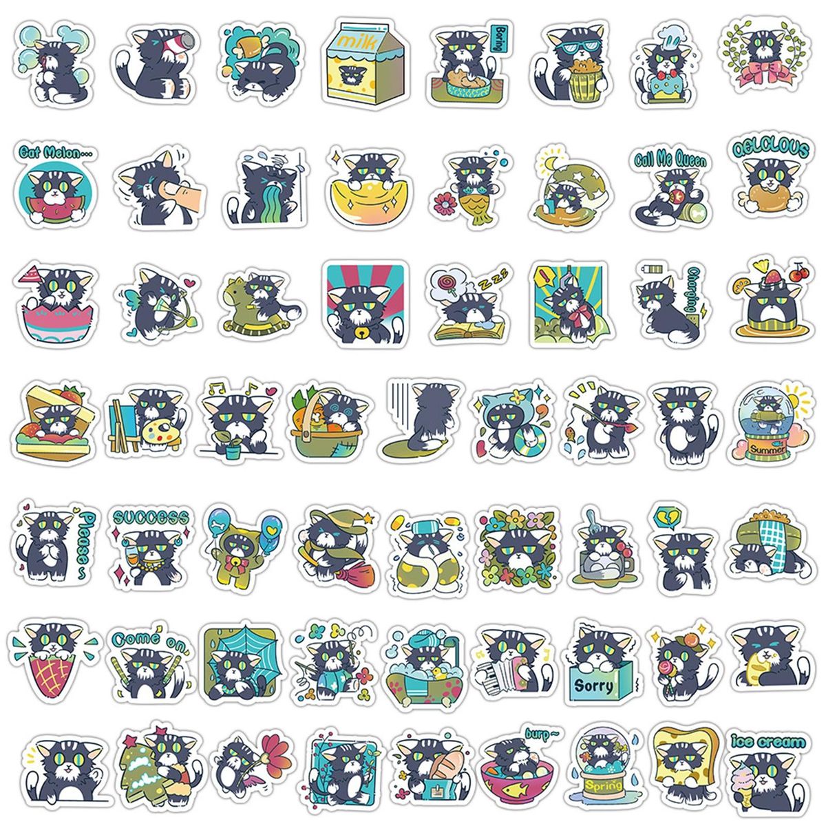 60Pcs Cartoon Stickers Cartoon Cat Stickers Water Bottle DIY Phone Stickers