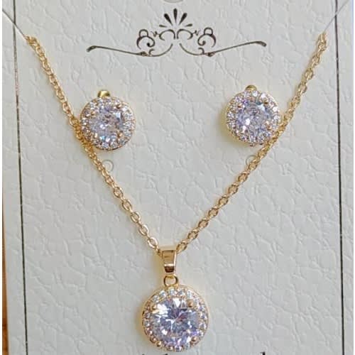 Gold Plated Round Cubic Jewelry Set - Necklace & Earrings