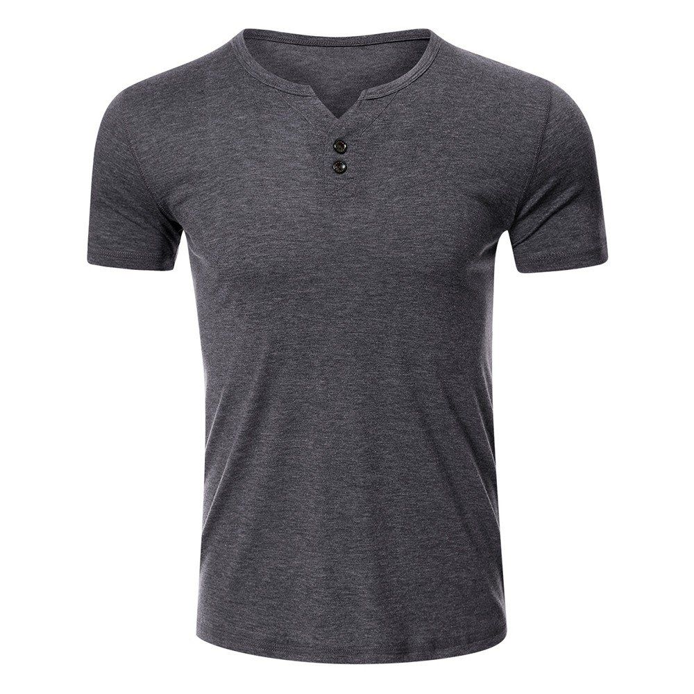 Men Short Sleeved T-shirt O Neck Buttons Solid Street Summer Tees Casual Tops-dark Gray