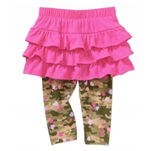 Girls Camo Print Leggings With Skirt - Pink & Army Green