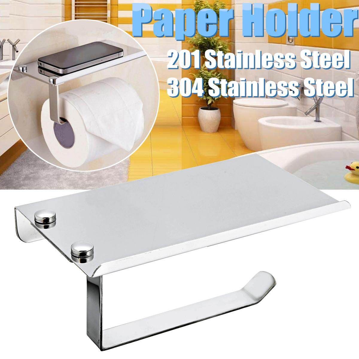 High Quality 201 Stainless Steel Bathroom Toilet Roll Paper Holder Wall Mount Stainless Steel Bathroom WC Paper Phone Holder With Storage Shelf Rack Two Hundred And One