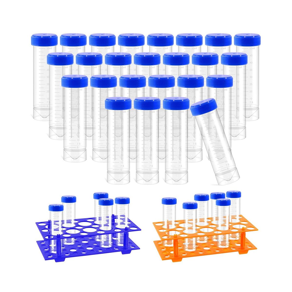 27Pcs 50Ml Plastic Test Tubes with Test Tube Rack Including 25Pcs Plastic Centrifuge Tubes and 2Pcs Blue Orange A