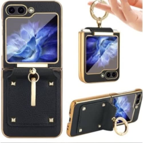 Samsung Galaxy Z Flip 5 Shockproof Flip Case With Ring - Leather - Black With Golden Bumpe