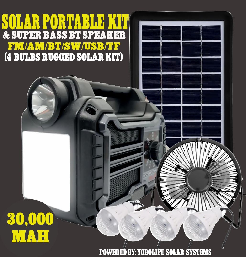 RUGGED SOLAR ENERGY KIT/BLUETOOHT SUPER BASS SPEAKER WITH 4 BULBS & FREE USB FAN (30,000 MAH)