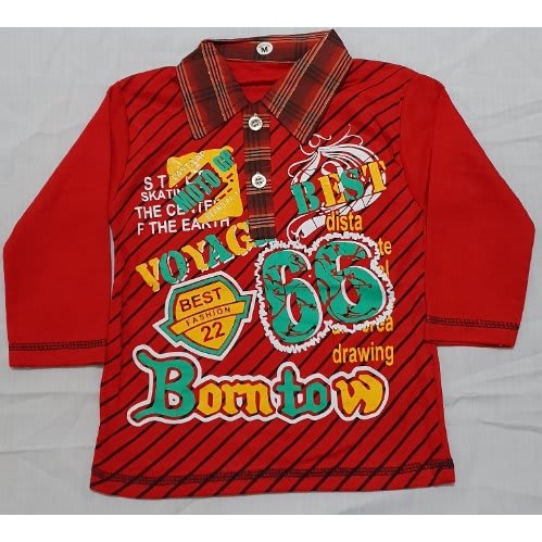 Boys Long Sleeve Checked Collar T-Shirt With Jeans Trouser - 2 Piece Set - Red