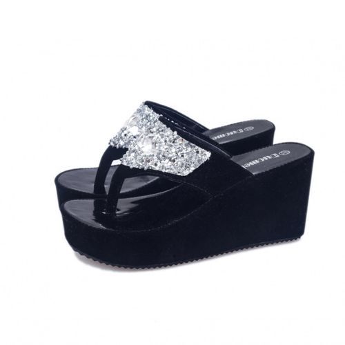 Sandals Women Fashion Rhinestone Wedge Flip-Flops - Black