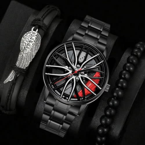 Men Stainless Wrist Watch+ Bracelets- Black & Red