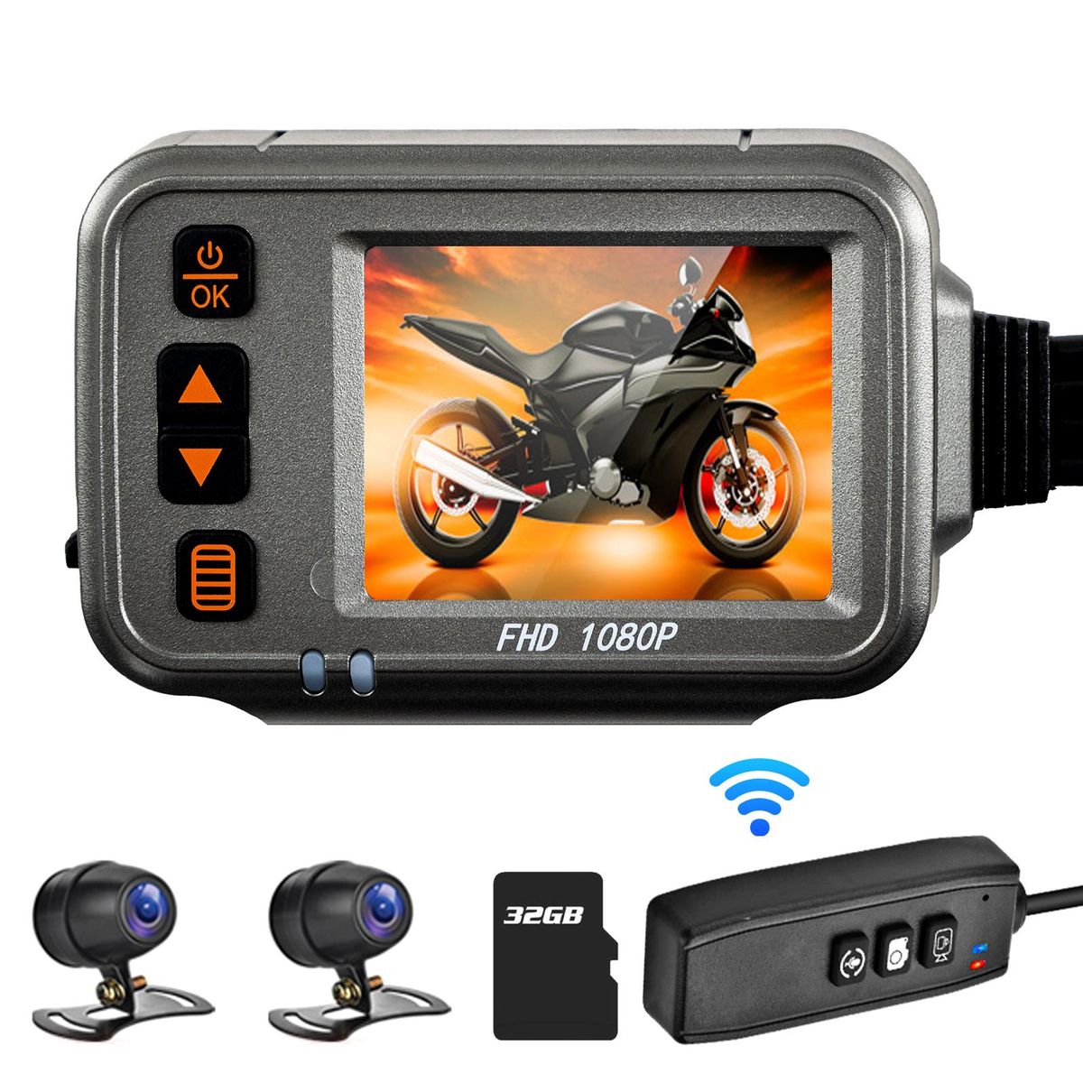 Motorcycle Dash Cam,WiFi Dual 1080p Motorbike Camera ,120&deg; Wide Angle,Parking Monitoring, Timed Recording After Flameout  Full Body Waterproof Night Vision HD With 32G storage card