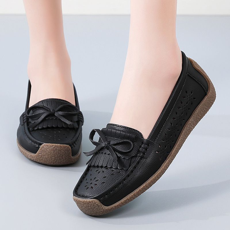 EUR Size 35-44 NEW Women Shoes Oxford Flats Shoes Woman Soft Bottom Cow Leather Women Flats Cut-Outs Summer Hollow Women's Loafers Female Solid Fashion Comfy Slip On Casual Shoes Ladies Ballet Flats Black