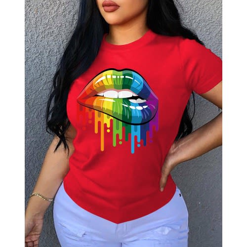 Ladies Printed Round Neck T-shirt- Red