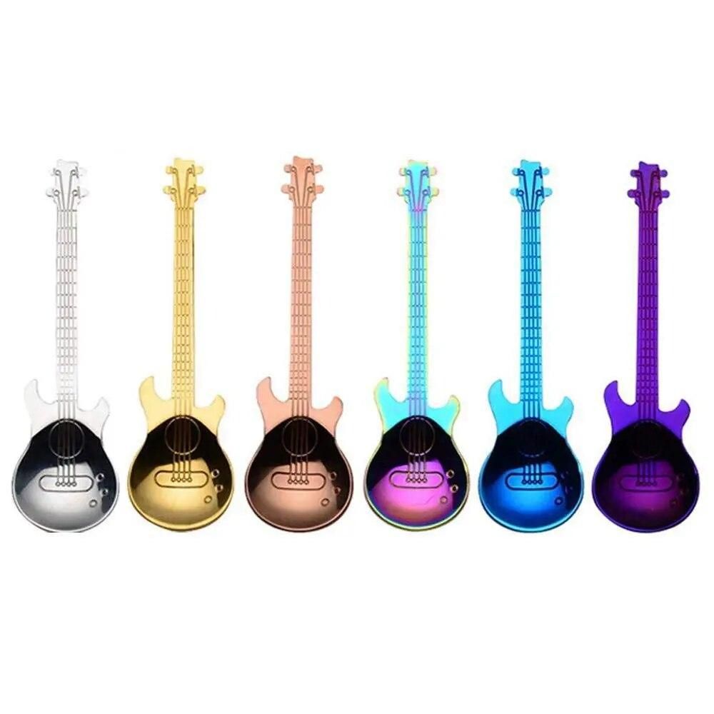 Hot Sale 6 Pcs Coffee Teaspoons Guitar Spoon,Stainless Steel Colorful Dessert Spoon Musical Demitasse Spoon Cute Kitchen Utens