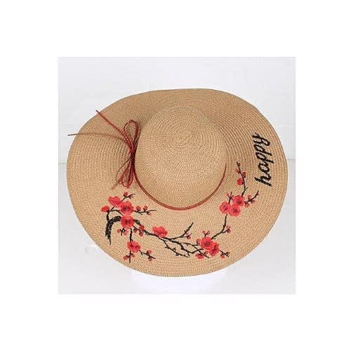 Happy Floral Embroidered Wide Brim Sun Hat - Brown