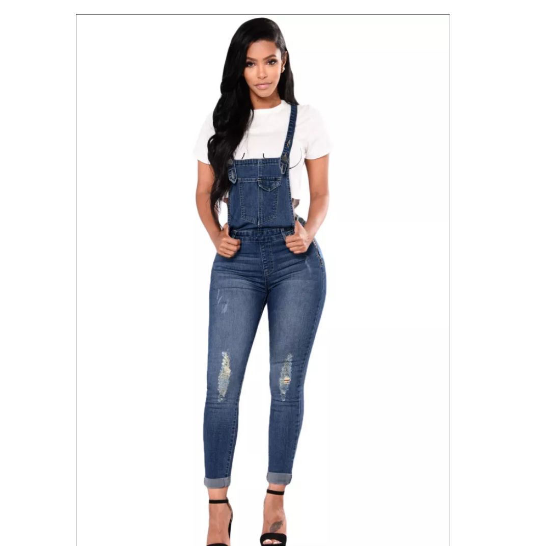 R Blue Distressed Skinny Denim Overall