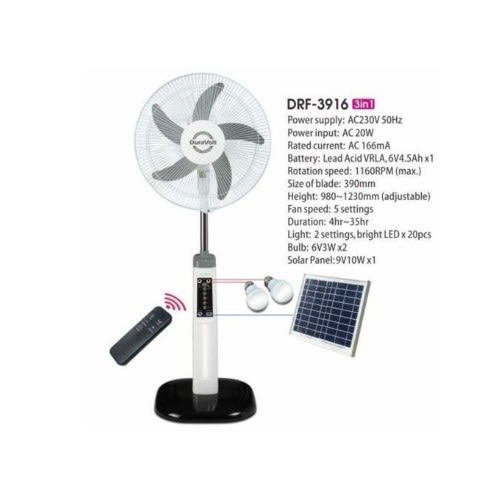 16 Inches Rechargeable Fan With Solar Panel And  Two Bulbs