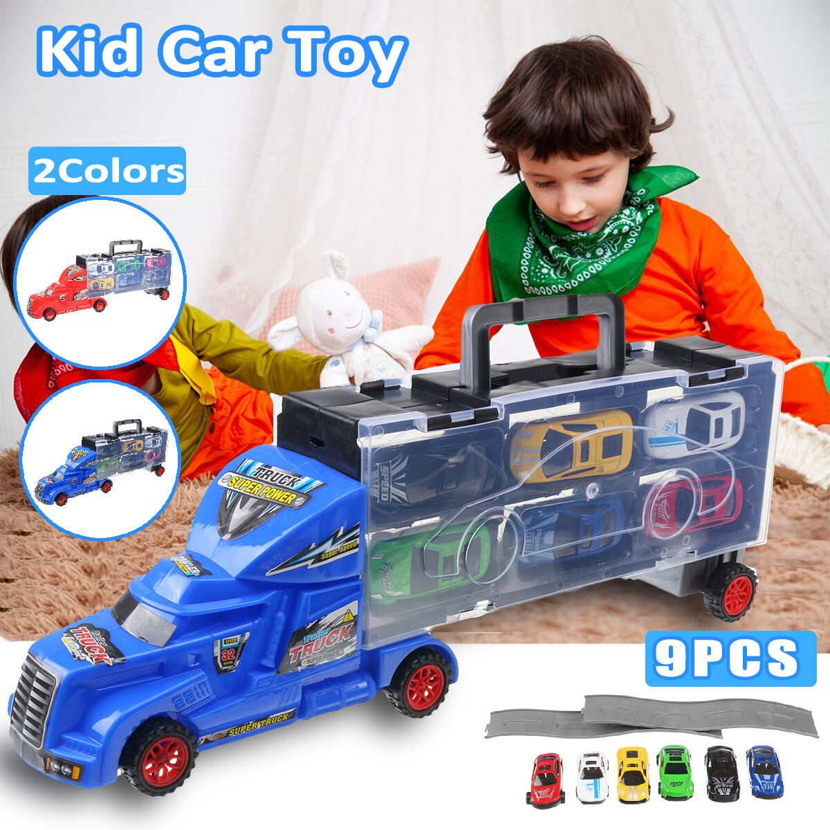 Kids Toys Van Alloy Vehicles Truck Model Car Boy Christmas Toy Gift + Taxi Track Blue