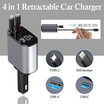70W Car Charger Adapter 4in1 - 80cm - Retractable Cable Charger - USB  A & USB C
