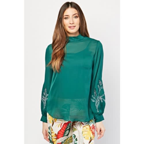 Embroidered Flower Encrusted Blouse - Green