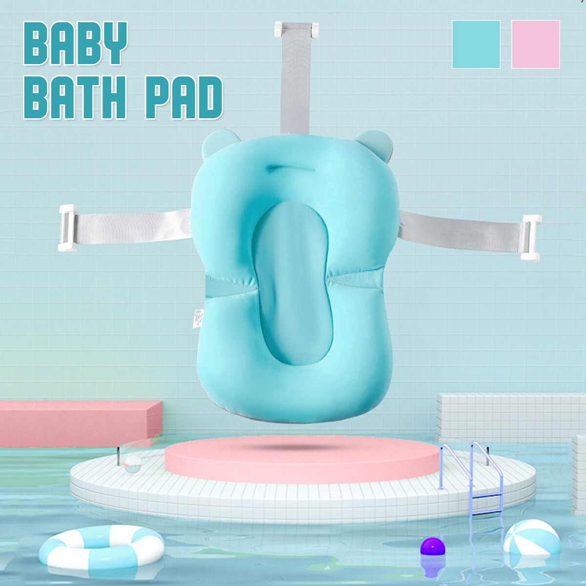 Baby Bath Pad Non-Slip Lounger Pillow Air Cushion Shower Infant Safety Bathtub Blue