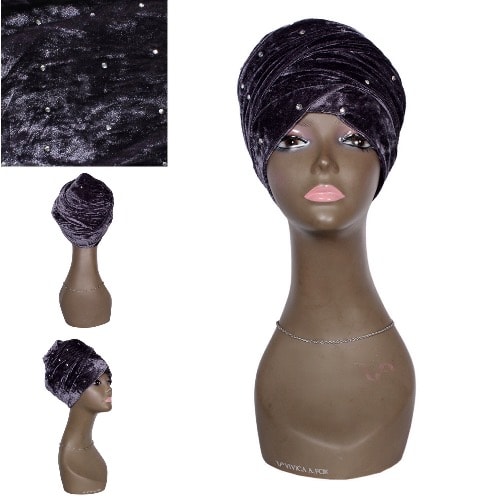 Stone Studded Velvet Turban Wrap- Dark Grey