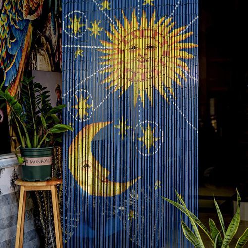 TACHILC Sun And Moon Bamboo Bead Curtain, Doorway Hanging