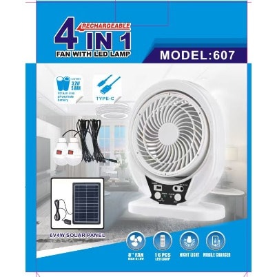 Rechargeable Table Fan With Solar Panel And Bulbs